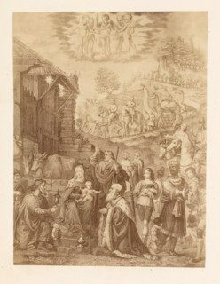 Photo reproduction of a print depicting the Adoration of the Magi, photograph, reproduction, page,
