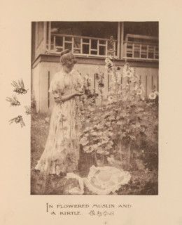 Woman in a garden with poppies, page, photomechanical print, inscription: 'In Flowered Muslin and a