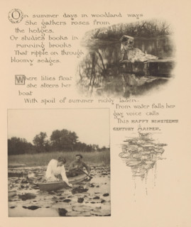 Woman on a pier looking into the water and a man and a woman in a canoe where the woman is picking
