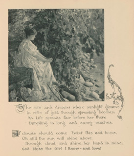 Woman sitting on a waterfront with trees, page, photomechanical print, photographer: Mary Bartlett,