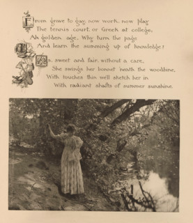 Woman on a waterfront with trees, page, photomechanical print, photographer: Mary Bartlett, United