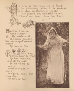 Portrait of an unknown girl with a white dress and a white bonnet in a garden, page,