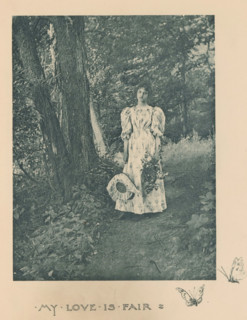 Woman in a forest with branches and a hat in her hands, page, photomechanical print, inscription: