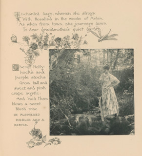 Woman standing on stones in presumably a brook in a forest, page, photomechanical print,