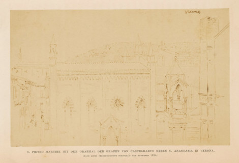 Photo reproduction of a drawing depicting an exterior of the Chiesa di San Pietro Martire in