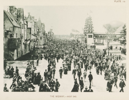 The Midway.- west end, View of a street with country pavilions at the World's Columbian Exposition