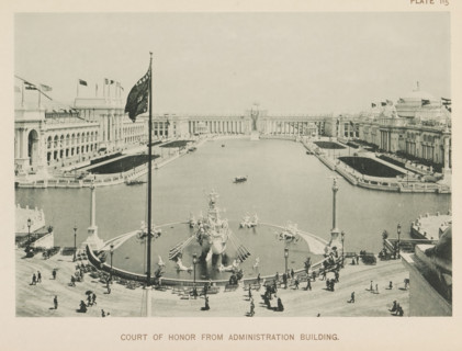 View of the central plaza of the World's Columbian Exposition in Chicago in 1893 with a large pond
