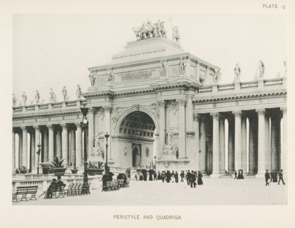 View of the colonnaded entrance arch of the World's Columbian Exposition in Chicago in 1893,