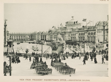 View of the central plaza of the World's Columbian Exposition in Chicago in 1893 with a large pond