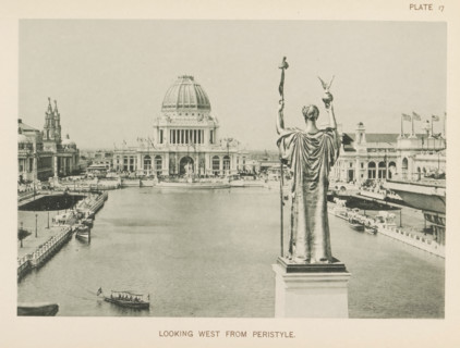 View of the central plaza of the World's Columbian Exposition in Chicago in 1893 with the statue by