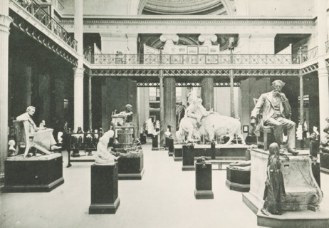 Interior of a room with sculptures in the Palace of Fine Arts at the World's Columbian Exposition