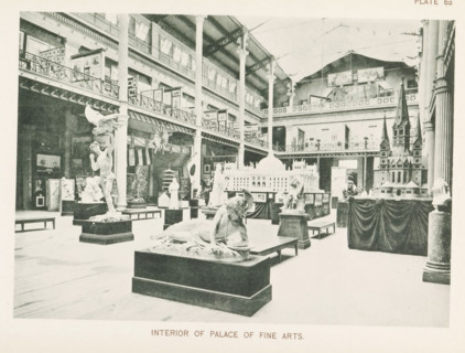 Interior of a room with sculptures and models of buildings in the Palace of Fine Arts at the