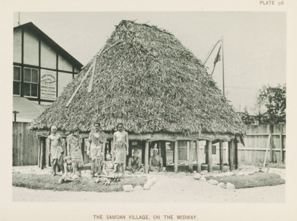 The Samoan village, on the Midway, House and people from Samoa at the World's Columbian Exposition