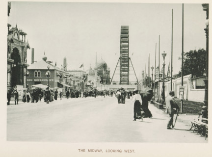 The Midway, looking west, View of a street with national pavilions and a Ferris wheel at the