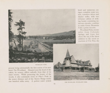 Photomontage of a view of Woodland Park and the Woodland hotel, page, photomechanical print,