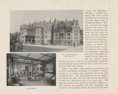 View of the Antlers Hotel in Colorado Springs, The Antlers Hotel, West front, page, photomechanical