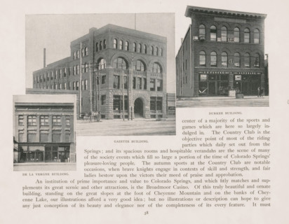 Photomontage of three buildings in Colorado Springs, page, photomechanical print, photomontage,