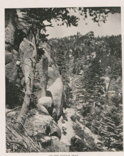 On the Ruxton trail, Landscape near Pikes Peak with people on donkeys, page, photomechanical print,