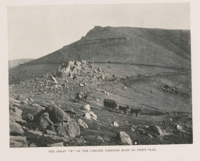 View of Pikes Peak and two carriages, The great W on the the cascade carriage road to Pike's Peak,