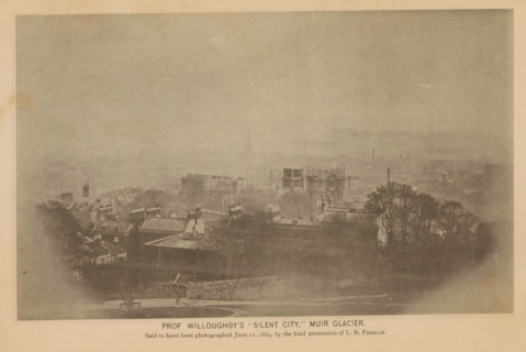View of the imaginary city of Silent City in Alaska, Prof. Willoughby's Silent City, Muir Glacier,