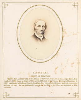 Portrait of Alfred Lee, photograph, page, inscription: 'Alfred Lee, Bishop of Delaware, ',