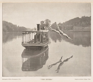 The Divers', Two men dive from a boat into the water, page, photomechanical print, inscription:
