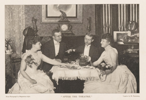 Two men and two women sit at a table in an entertainment venue, 'After the Theater', page,