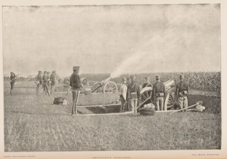 Military exercise with artillery, Artillery practice, page, photomechanical print, inscription: