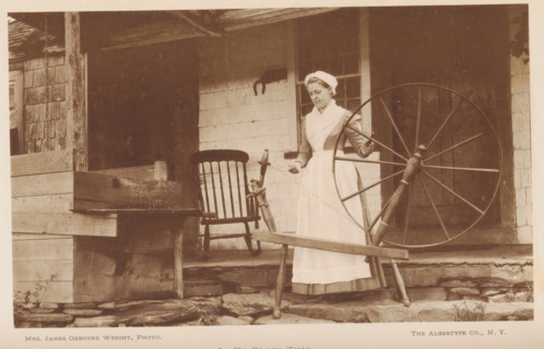 Woman spins yarn, In ye olden time, page, photomechanical print, photographer: James Osborne