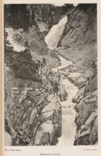 Paradise Falls, View of a group of mountain climbers at a waterfall, page, photomechanical print,