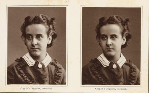 Effect of the retouching of the negation, Two portraits of an unknown young woman, one retouched,