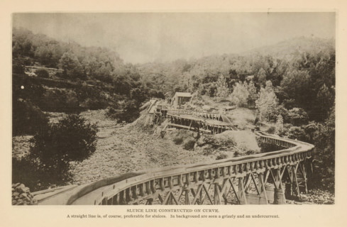 Sluice Line Constructed on Curve, View of a flushing water line at a mine, page, photomechanical