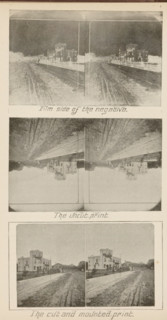 Three views of a street, in varying degrees of finish, page, photomechanical print, inscription: