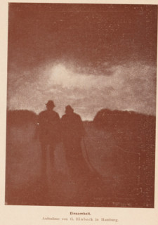 View of two unknown walking men with hats, Einsamkeit, page, photomechanical print, monogram: 'MR,
