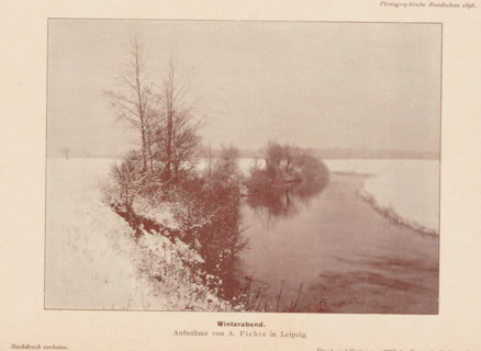 View of a landscape with snow, Winterabend, page, photomechanical print, inscription: 'Aufnahme von