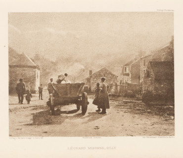 View of a street and unknown people loading a cart, page, photomechanical print, photographer: