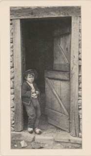 Boy in clogs in a doorway, page, photomechanical print, photographer: Paul Bourgeois, Paris, cliché