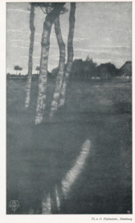 View of some trees with a building in the distance, page, photomechanical print, monogram: 'MR,