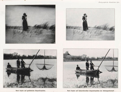 Two variations of two photos, one of an unknown woman in the dunes and one of unknown men on a