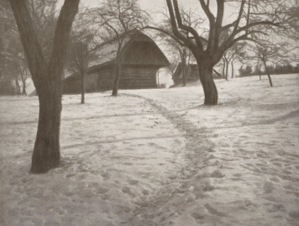 House and trees in the snow, page, photomechanical print, photographer: Heinrich Bachmann, cliché
