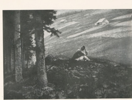 Man looking out over a landscape, with two houses in the background, page, photomechanical print,