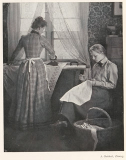 Woman ironing and a woman working with needles, page, photomechanical print, photographer: Albert