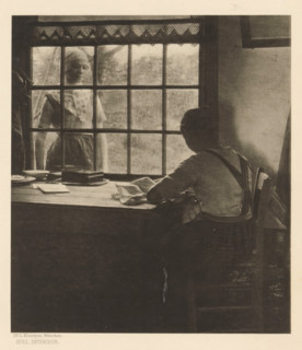Woman doing needlework at a table and another woman looking in through the window, Holl. Interior,