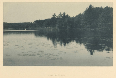 View of Lake Mascuppic, Lake Mascuppic, page, photomechanical print, Mascuppic Lake, maker: