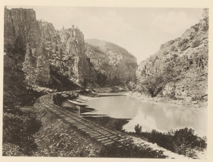 View of the Rio Grande with rock walls in Colorado, Echo Cliffs, Colorado - Denver & Rio Grande RR,