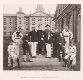 Various uniforms and costumes, photograph, page, photographer: Edward H. Hart, United States Naval
