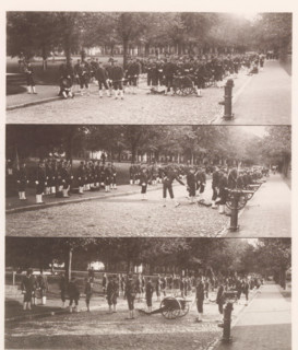 Three views of a military parade on the grounds of the United States Naval Academy in Annapolis,