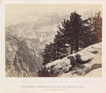 View of the Yosemite Valley with Nevada Falls and Merced Falls from Glacier Point, View looking