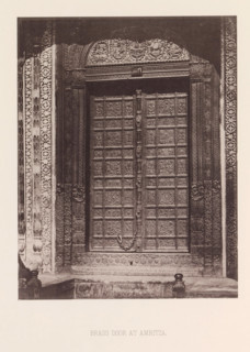 Brass door with plant and floral ornaments in Amritsar, Punjab, India, page, photomechanical print,