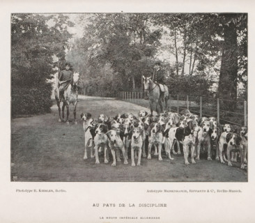 View of a group of dogs in front of two unknown men on horseback, probably for hunting, Au pays de